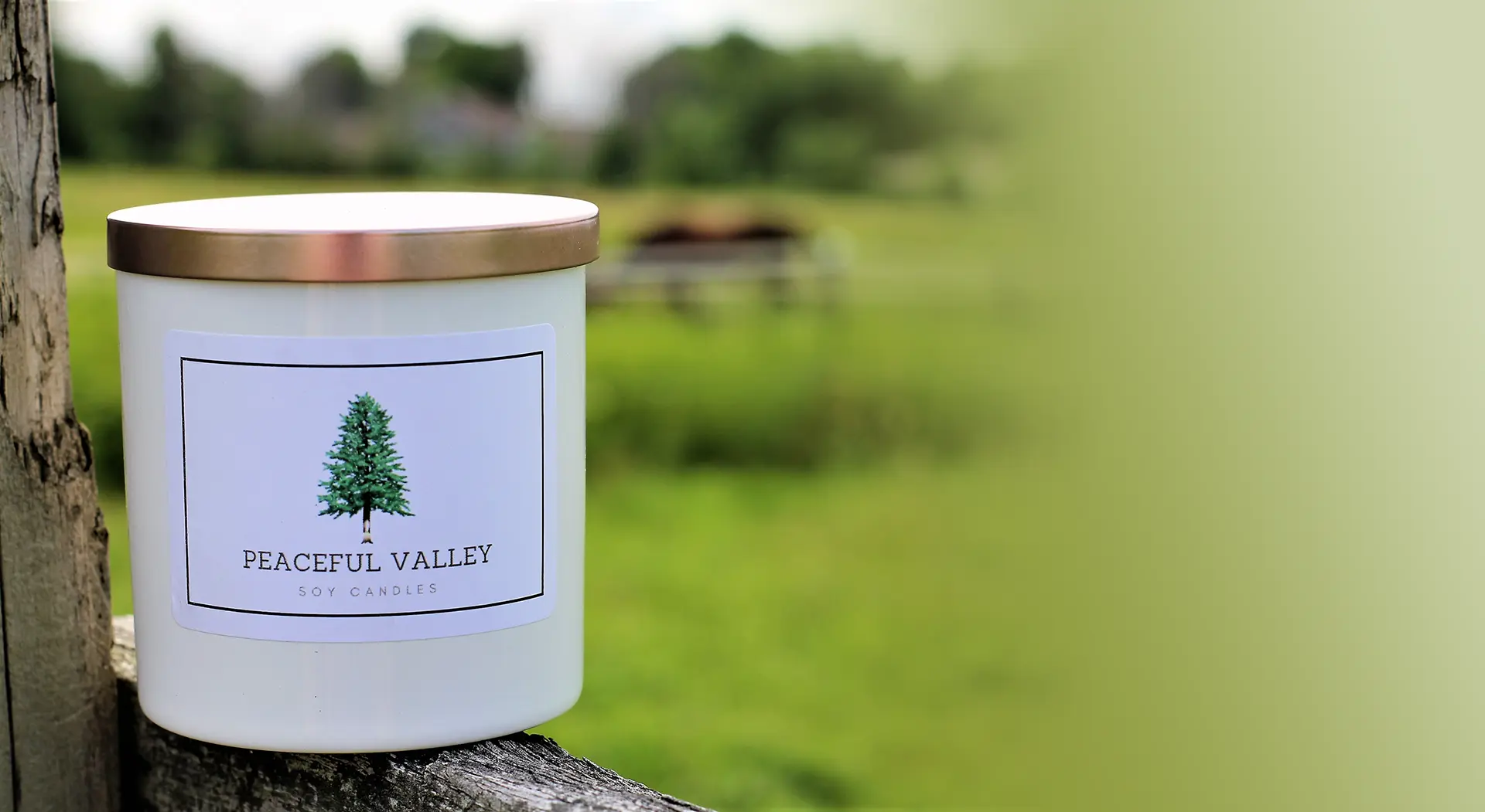 Peaceful Valley soy candle on a fencepost overlooking a field